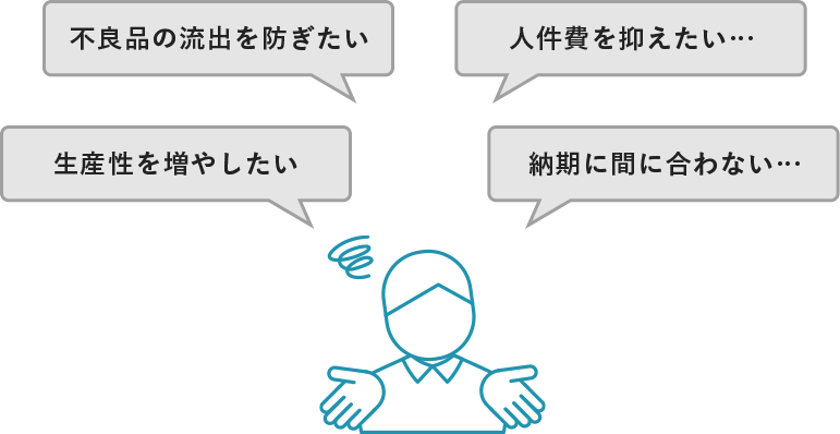 不良品の流出を防ぎたい… 人件費を抑えたい… 生産性を増やしたい… 納期に間に合わない…